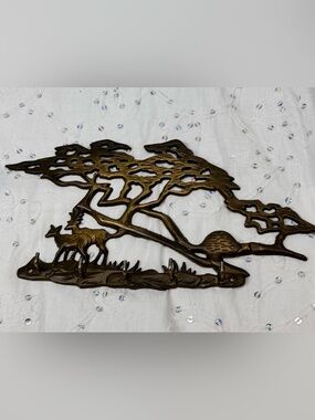 Vintage Mid Century Solid Brass Deer & Pine Tree Wall Key Rack- 5 Hooks 12”